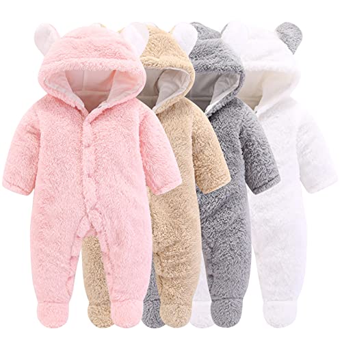 Neugeborene Baby Cartoon Bär Schneeanzug Wintermantel Fleece Kapuze Strampler Jumpsuit (Pink, 6-9Monat)