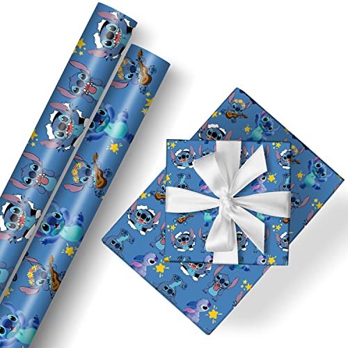 HOOKTA Stitch Geschenkpapier 2 Rollen 43 cm x 3 m Geschenkpapier Langlebig Stich Geschenkpapier Pack für Kindergeburtstag, Party Aufbewahrung Festliche Dekoration (Lichtblau)