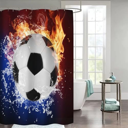 WEQEER Fußball Duschvorhang 180x180 180x200 Sport Thema Fußball Duschvorhang Textil 3D Fußball Duschvorhänge Mit 12 Ringen Für Jungen, Kinder (1,180 x 180 cm)