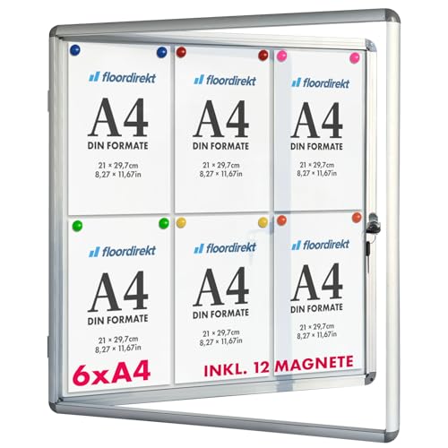 Floodirekt Schaukasten 6xA4 Wetterfest für Innen & Aussen inkl. 12 Magnete Infokasten Aushang Aushangkasten Magnetische & beschreibbare Rückwand Plakatschaukasten mit Alurahmen & Acrylglas