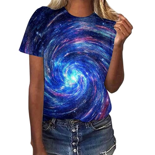 2025 Galaxie Sternenhimmel Damen Casual Kurzarm T-Shirt Rundhals Mode Loose Fit Sommer Sternenhimmel Print Grafik Frühling 2025, blau, Small