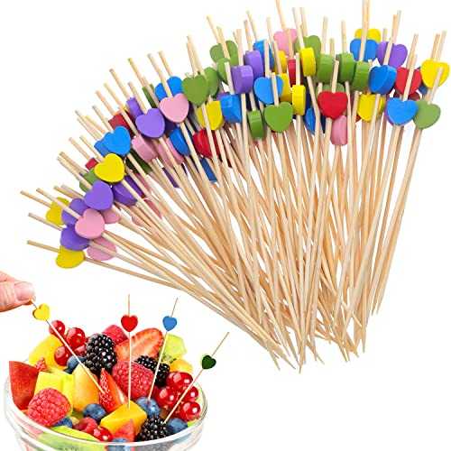 Prmape 100 Stück Cocktailspieße, Fingerfood Spieße 12cm, Kleine Spieße Fingerfood Kinder, Multicolors Herzen Bambusspieße für Cocktails Vorspeisen Früchte Desserts Partyzubehör Obstspieß