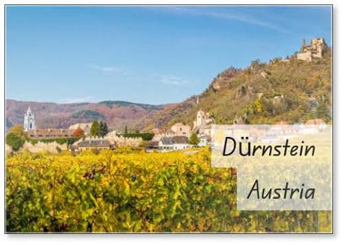 Panorama von Dürnstein mit Ruine, Kirche und Weinbergen im Herbst, Wachau, Österreich, Kühlschrankmagnet