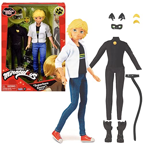 BANDAI - Miraculous - Miraculous Puppe Cat Noir und Adrien - Mannequin Puppe 26 cm und ihre 2 Outfits - Miraculous Spielzeug - Gelenkige Superheldenpuppe - Spielzeug für Kinder ab 4 Jahren - P50356