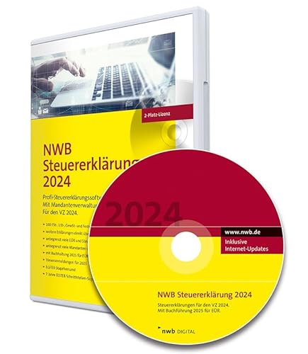 NWB Steuererklärung 2024 – 2-Platz-Lizenz: Profi-Steuererklärungssoftware. Für den VZ 2024. Mit Buchführung 2025 für EÜR. 7 Jahre Elster-Schnittstellen-Support. CD-Version.