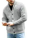 Runcati Strickjacke Herren Grobstrick Cardigan Lässig Schalkragen Langarm Knopfleiste Strickpullover Tops, Grau, M