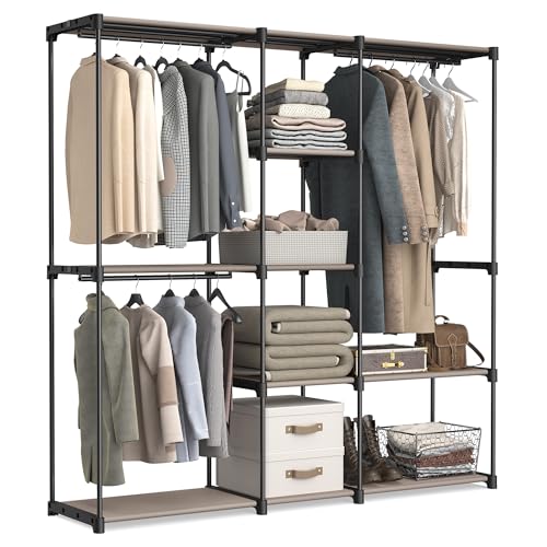 SONGMICS Kleiderschrank, Kleiderständer, freistehende Garderobe, mit Kleiderstangen, Garderobenständer, Stoffablagen, Metallrahmen, 182 x 43 x 182 cm, Taupe RYG037R02