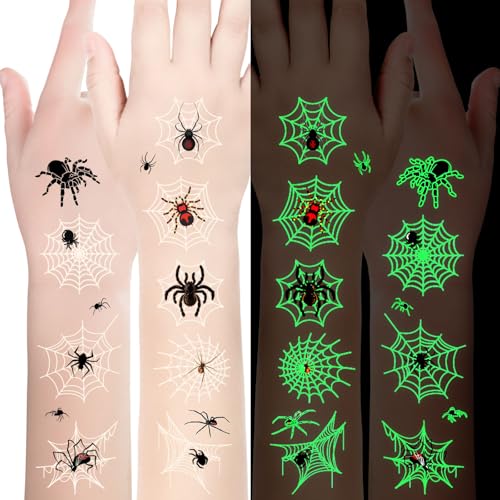 Halloween Tattoos für Kinder- 10 Blatt Leuchtend Halloween Temporäre Spinnen und Spinnweben Tattoo Stickers,Halloween Tattoo Gesicht Kinder,Halloween Deko Kinder Mitgebsel Geschenke Kinder Party