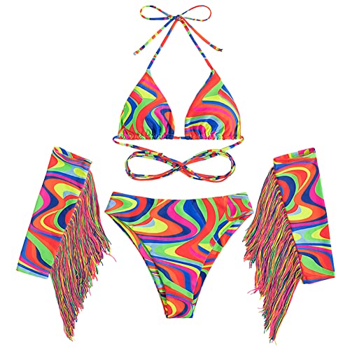 FYMNSI Festival Outfit Damen Techno Rave Outfits Sexy Regenbogen Bikini Set Handschuhe G-String Badeanzug Bademode Pole Dance Nachtclub Clubwear Reizw?sche Dessous Regenbogen S