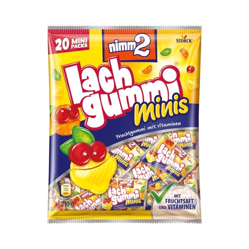 nimm2 Lachgummi Minis – 1 x 210g (20 Mini Packs) – Fruchtgummi mit Fruchtsaft und Vitaminen