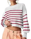 Saodimallsu Damen Gestreifte Pullover Oversized Crop Tops Rundhals Strickpullover Batwing Langarm Pulli, Rot, M