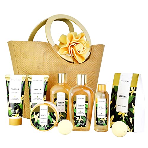 Bade Geschenkset für Frauen SPA LUXETIQUE 10 tlg. Set Vanilla Duft - Handcreme, Duschgel, Schaumbad, Bodylotion, Badesalz, Badeschwamm und Geräumige Handtasche,Bade Geschenkset zum Muttertagsgeschenk