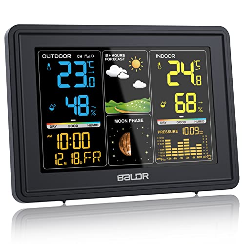 BALDR Wetterstation Funk mit Außensensor, Digital Farbdisplay DCF-Funkuhr Innen und Außen Thermometer Hygrometer, Funkwetterstation mit Wettervorhersage, Barometer und Mondphase, Netzteil