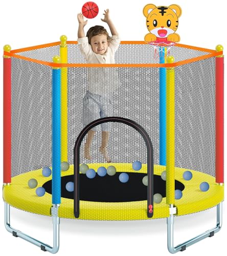 150cm Indoor Outdoor Kindertrampolin mit Sicherheitsnetz, Mini-Trampolin für Kinder inklusive Basketballkorb, robuste Sprungmatte Jungen und Mädchen