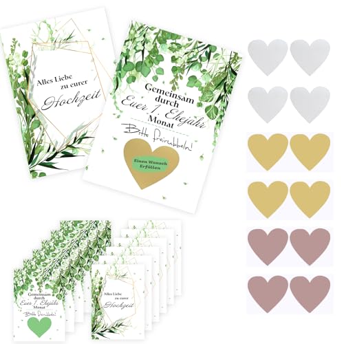 RAFIYU 24 Stück Rubbelkarten, Hochzeitsgeschenk “Gemeinsam durch Euer 1. Jahr | 12 Rubbellose als Gutscheine für Braut Bräutigam, Hochzeitsspiel für das Brautpaar, mit 12 Herzform Kratzfilm