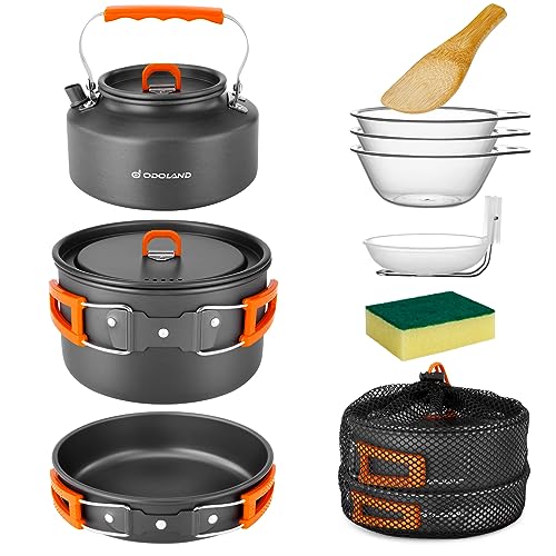 Odoland Camping Kochgeschirr Set, 10 Teilige Outdoor Geschirr Set mit Camping Topf 2.9L, Camping Bratpfanne 0.9L und Teekannen 1.6L für Camping Outdoor Kochen Wandern Reisen