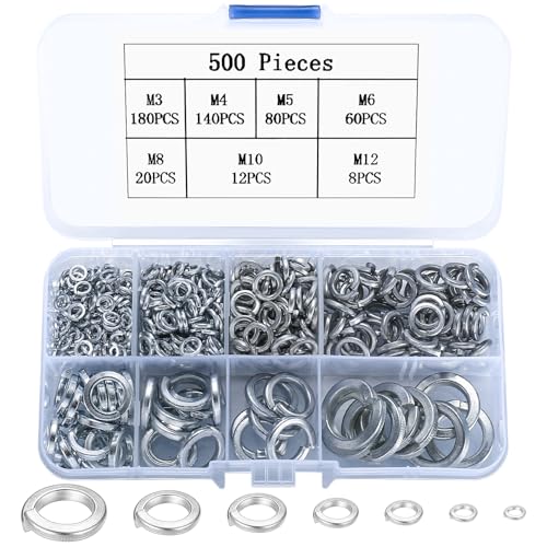 500 Stück Federringe, Federscheiben, Sicherungsscheiben, Spiralförmige Unterlegscheiben Set, Federspaltringe, Sperringe, DIN 127 Form B, M3 M4 M5 M6 M8 M10 M12