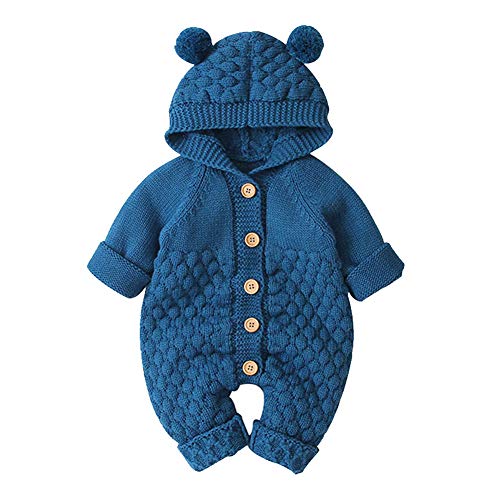 Neugeborene Baby Mädchen Jungen Kleidung Langarm Gestrickt Kapuze Strampler Body Overall Jacke Frühchenkleidung Erstausstattung Babysachen Set Herbst Winter Babykleidung Blau-Haarball 0-6 Monate