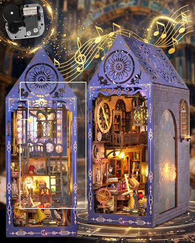 Morefün Magic Book Nook Kit Mit Staubschutzhülle,DIY Miniatur Haus Mit Musik und LED LichtHolz Puppenhäuser, 3D Puzzle Bücherecke Diorama Bücherregaleinsatz (Gesellschaft für magische Forschung)