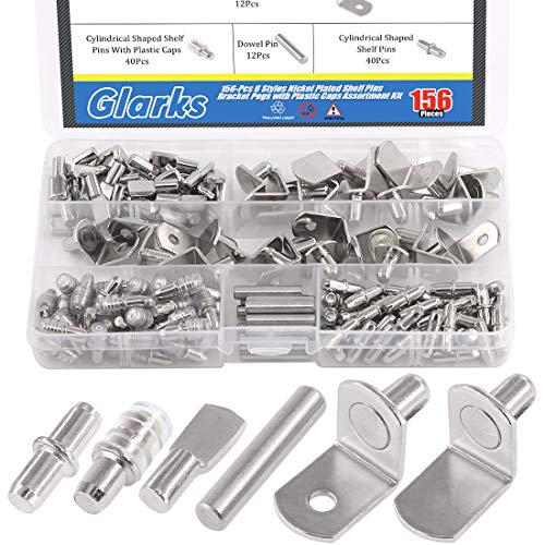 Glarks 156Pcs 6 Styles Shelf Pins Kit, Nickel Shelf Support Pegs, PVC Shelf Pins, Flat Spoon Pegs, Cylindrical Pins Holder, L-shaped Bracket and Dowel Pins for Cabinets