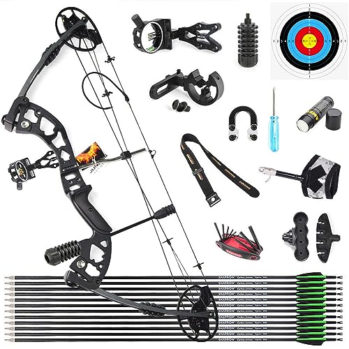 SHARROW Compoundbogenset Jagdbogen 30-70lbs Einstellbar Sportbogen Erwachsene Compound Bögen Komplett Set 320 FPS für Outdoor Bogen Jagd (Schwarz+Pfeile)