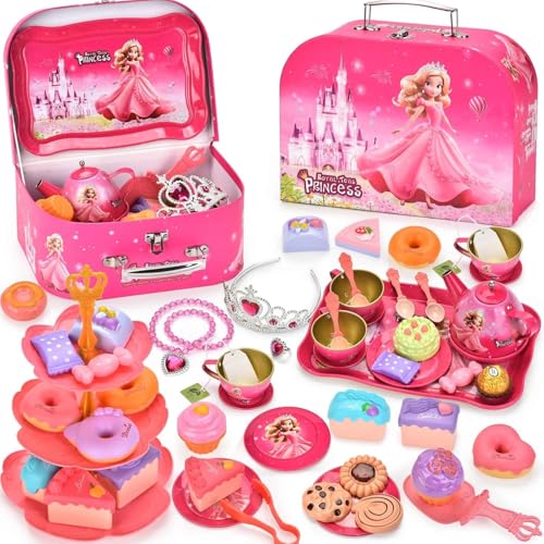 EUZLABBY 52 Teiliges Teeparty Set,Teeservice Kinder,Tin Teekannen-Set,Prinzessinnen Tee Zeit Spielküchen Spielzeug mit Tassen,Tellern und Zubehör,für Geburtstags Ostergeschenke für 3-8 Jahre Kinder.