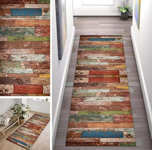 Läufer, Vintage-Stil, Holzmaserung, 60 x 200 cm, waschbar, rutschfest, ideal für Küche, Flur, Wohnzimmer, Schlafzimmer, anpassbare Länge, stilvolle Heimdekoration