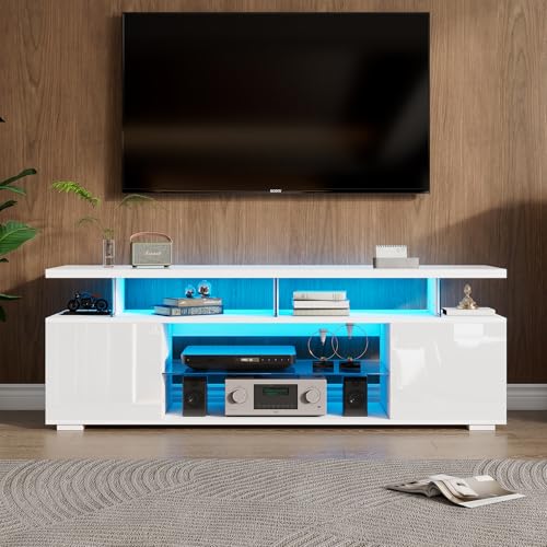 FAYICIC Moderner Low-Panel-Hochglanz-TV-Ständer mit LED-Beleuchtung, TV-Panel, TV-Glasschrank für 60-Zoll-Fernseher, Tische,Stauschränke und große Stauräume, Reinweiß
