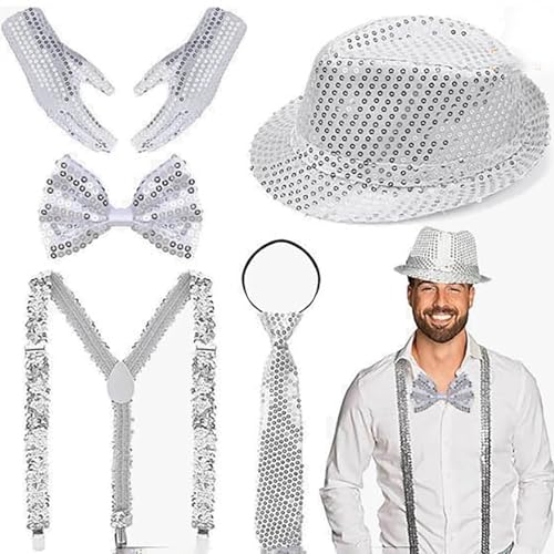 Flauschiges Set Damen Glitzer Accessoires Herren Glitzer Kostüm Herren mit Pailletten Hosenträger Pailletten Fliege Handschuhe Pailletten Kostüm Silber für Kostümparty Mütze Schal (Silver, One Size)