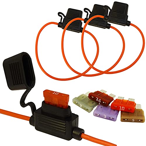 mmtrade | 3x Sicherungshalter mit Schutzabdeckung + 5x ATC-Sicherungen (2A, 3A, 5A, 7.5A, 10A) | AWG18-24cm - max. 10A 32VDC | Auto KFZ Inline Blade Fuse Holder