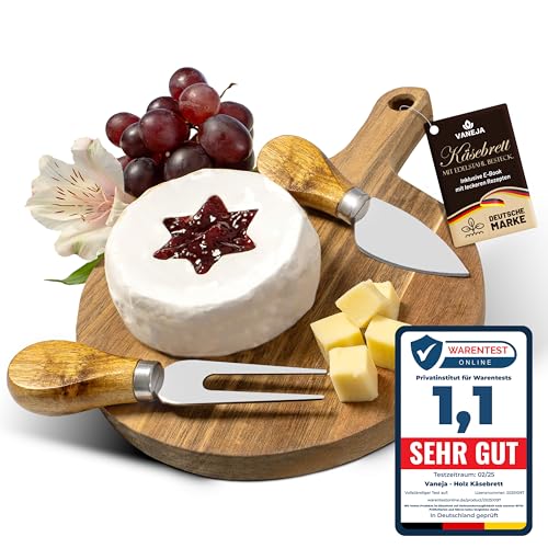 VANEJA Premium Käsebrett, Schneidebrett aus Holz, ⌀17,5 x 1,5 cm, Käsebrett mit Messer Käseschaber Käseplatte aus Holz Holzplatte Käse Cheese board Set Charcuterie board inkl. kostenlosem e-book