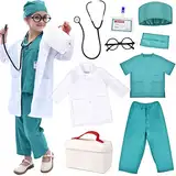 Arztkoffer Kinder Kostüm Arzt Kinder Arztkittel Kinder Verkleidungskiste mit Doktor Rollenspiel Zubehör Fasching Halloween Geschenke für Kinder Jungen Mädchen 3 4 5 6 7 8 9 10 Jahre (blau, 110)