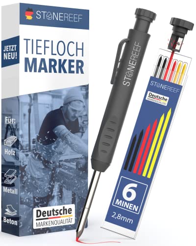 STONE REEF Tieflochmarker Profi [inkl. 7 Minen] - Bleistift Baustelle, Zimmermannsbleistift, Bohrlochmarker, Markierstift, Handwerker, Baubleistifte, Tiefenlochmarker, Lochmarkierer