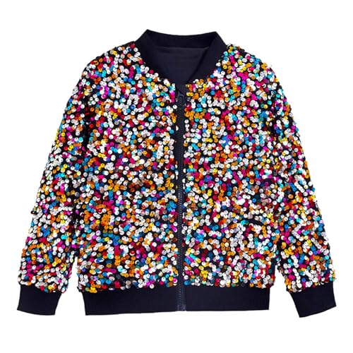 Mädchen Pailletten Jacke Kleinkind Glitter Glänzend Zip Up Metallic Mantel Outwear Glitzer Brosche (Black, 8-10 Years)