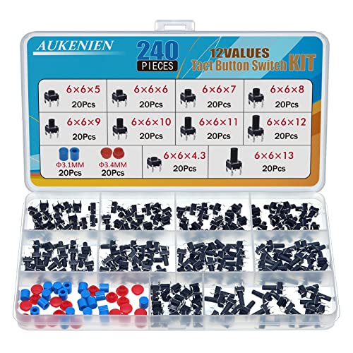 AUKENIEN 12 Werte 240 Stück Micro Taster Sortiment Kit Taktiler Druckschalter Mikroschalter Taktilen Drucktastenschalter 6MM x 6MM Mikrotaster 4 poliger Tactile Push Switch Button mit Taster Deckel