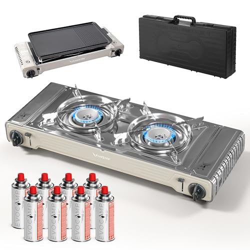 Gaskocher 2-flammig, Campingkocher mit Grillplatte, Gasherd mit Tragekoffer & Piezozündung, Doppelgaskocher für Gaskartuschen MSF-1A, Outdoor Campingkocher, 2x2,2 kW Leistung, mit 8 Gaskartuschen 227g