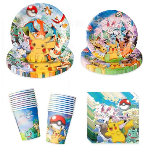 GOACRS Partygeschirr Set, 80 Stück Cartoon Anime Pappgeschirr mit Pappteller Pappbecher Servietten, Bunte Papier Teller und Becher, Kinder Geburtstag Party Geschirr Tischdeko Zubehör für 20 Gäste