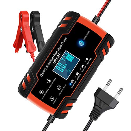 URAQT Ladegerät für Autobatterie, 12V/24V Vollautomatisches Intelligent Ladegerät mit LCD-Touchscreen, Erhaltungsladegerät und Desulfator für Auto, Motorrad, LKW, PKW, Boot, Wohnmobil und Wohnwagen
