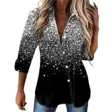 Glitzer Bluse Damen Festlich Pailetten Oberteile V Ausschnitt Knopfleiste Shirt Langarm Hemd Blusenshirt Locker Lässig Party Oberteil Hemdbluse Langarmshirt Blusen & Tuniken für Damen