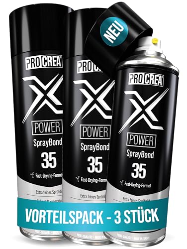 PROCREA® 3x Sprühkleber "X35 Power" extra stark [Transparent & Schnelltrocknend] Wasserfester & hitzebeständiger Industriekleber für Dachhimmel, Stoff, Schaumstoff, Filz uvm. [NEUE REZEPTUR 2024]