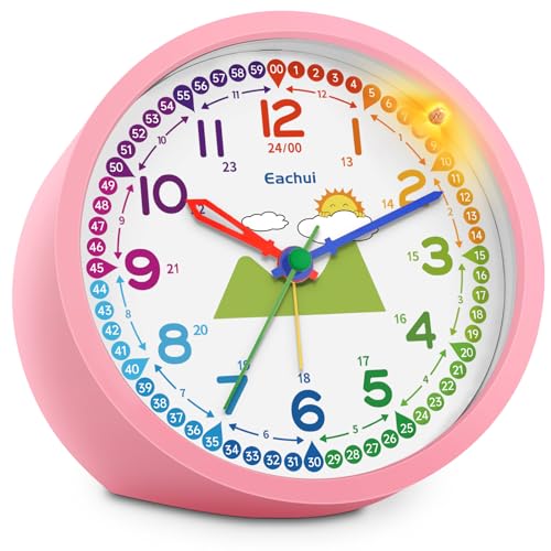 Eachui Analog Wecker Kinder ohne Ticken für Jungen und Mädchen - Analog Quarzwecker mit Nachtlicht, Snooze und Batteriebetrieben Lernwecker, einfach einzustellen (Rose)