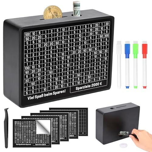 Diealles Shine Spardose Holz, Sparschwein mit Zahlen, Sparbüchse mit Zähler, Spardose Zum Ankreuzen, für Kinder Sparziel, Geschenk, Sparkasse €500 €1,000 €2,000 €3,000 €5,000 Euro Keine Montage