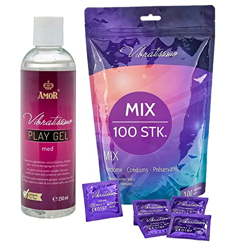 VIBRATISSIMO Kondome Mix 100er Pack gemischt & Gleitgel Set I gefühlsecht & extra feucht I Beutel dünne Wandstärke & Aromatisiert I hauchzart genoppt & gerippt