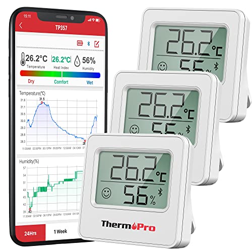 ThermoPro TP357-3 80m Bluetooth Hygrometer Innen 3er Set Raumthermometer Digital mit APP Mini Luftfeuchtigkeitsmesser mit Smiley-Indikator Datengrafik für Innenraum, Büro, Weinkeller, Gewächshaus