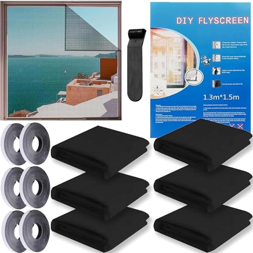 6 Stück Fliegengitternetze für Fenster, 130x150cm Insektenschutz Fensternetz Fliegengitter,Fenster mit 4 Rollen Selbstklebeband,Moskitonetze für Fenster schützen die Familie vor Insekten