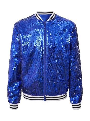 Alvivi Kinder Pailletten Jacke Jungen Mädchen Glitzer Baseball Jacke Langarm Sweatjacke Mantel Jazz Hip Hop Disco Party Tanzkostüm Royal Blau 146-152