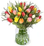 Tulpenstrauß Modern Love, Bunter Tulpenstrauß, 7-Tage-Frischegarantie, Qualität vom Floristen, handgebunden, perfekte Geschenkide bestellen