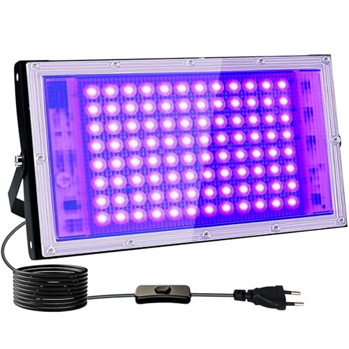 Indmird LED Schwarzlicht Strahler 100W, Schwarzlichtlampe mit Stecker, IP65 Wasserdicht UV Strahler mit Schalter, 395-400nm UV Flutlicht Partylicht für Bar,Disco,Party,Halloween,Bühnen