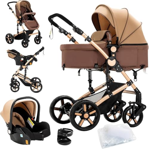 3 in1 Umkehrbarer Babyschale-Buggy | Dreibucherrahmen & Doppel-Federung | Ein-Klick-Faltmechanismus für Neugeborene und Kleinkinder(Khaki)