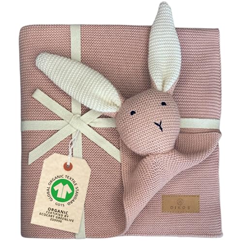 DIKOS® Original Babydecke SCHMUSE-HASE rosa | 100% Bio Baumwolle Neugeborenen Decke | nachhaltige Kuscheldecke Strick Mädchen | Schmusedecke Kinderwagen | Baby Erstausstattung | Geschenk zur Geburt